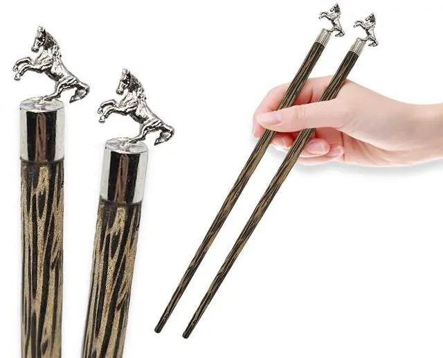 Main image of Wooden Chopsticks 9" Long Coconut Palm Wood Chopstick With Metal Horse Top Eating Utensils Oriental Cutlery Asian Tableware Decorative Dinnerware to Serve Chinese Japanese Korean Food