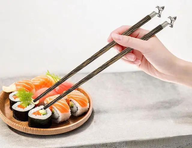 Alt view image 3 of 7 - Wooden Chopsticks 9" Long Coconut Palm Wood Chopstick With Metal Horse Top Eating Utensils Oriental Cutlery Asian Tableware Decorative Dinnerware to Serve Chinese Japanese Korean Food