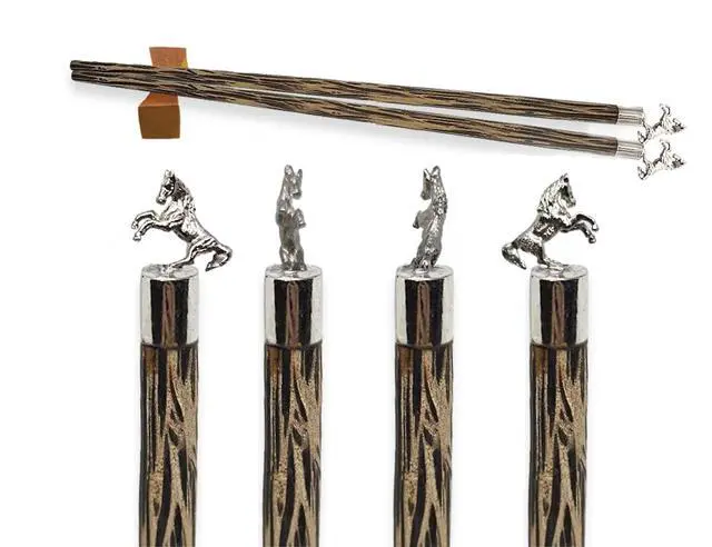 Alt view image 4 of 7 - Wooden Chopsticks 9" Long Coconut Palm Wood Chopstick With Metal Horse Top Eating Utensils Oriental Cutlery Asian Tableware Decorative Dinnerware to Serve Chinese Japanese Korean Food