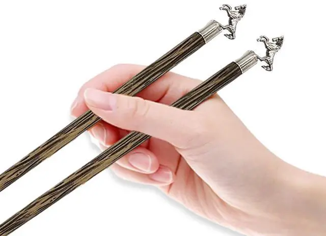 Alt view image 5 of 7 - Wooden Chopsticks 9" Long Coconut Palm Wood Chopstick With Metal Horse Top Eating Utensils Oriental Cutlery Asian Tableware Decorative Dinnerware to Serve Chinese Japanese Korean Food