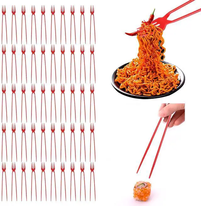 Main image of 50 Piece Chopstick Fork, Plastic Fork Combo, Training Chopsticks for Adults, for Outdoor Camping Picnic (Red)