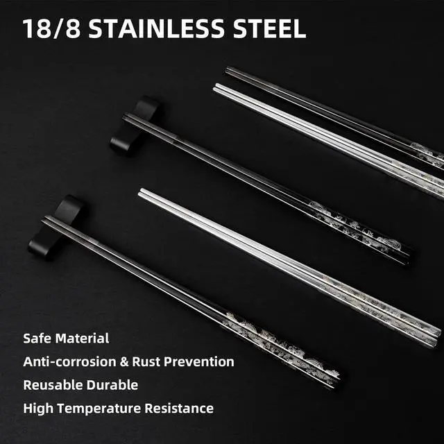 Alt view image 3 of 7 - 2 Pairs Reusable Stainless Steel Chopsticks, Non-Slip Grip, Dishwasher Safe, Japanese & Korean Style, Metal Chopstick Gift Set for Cooking, Dining & Travel 18/10 (9")