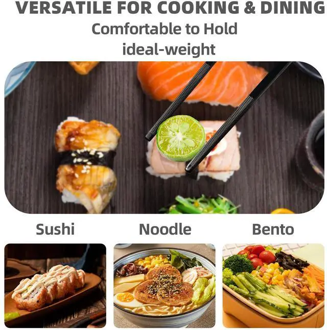 Alt view image 5 of 7 - 2 Pairs Reusable Stainless Steel Chopsticks, Non-Slip Grip, Dishwasher Safe, Japanese & Korean Style, Metal Chopstick Gift Set for Cooking, Dining & Travel 18/10 (9")