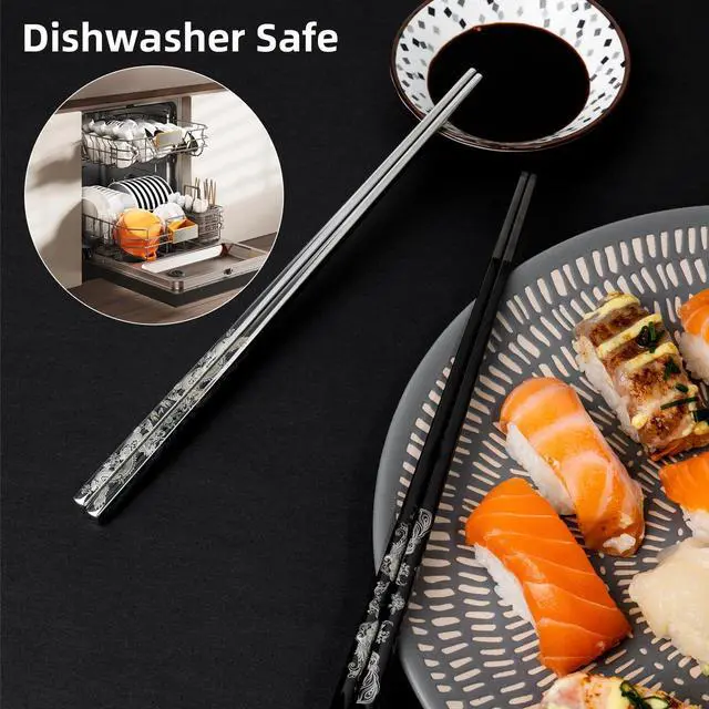 Alt view image 6 of 7 - 2 Pairs Reusable Stainless Steel Chopsticks, Non-Slip Grip, Dishwasher Safe, Japanese & Korean Style, Metal Chopstick Gift Set for Cooking, Dining & Travel 18/10 (9")