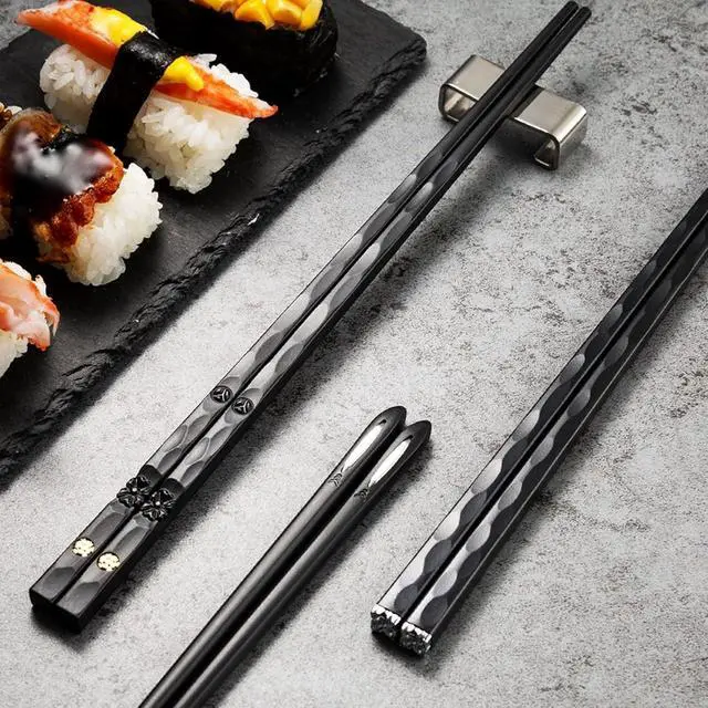 Alt view image 3 of 7 - 5 Pairs Food Grade PET+Glass Fiber Alloy Polymer Laser Engraving Japanese Metal Chopsticks, Squared Edge Non-Slip Chop Sticks Pack Reusable Gift with Case
