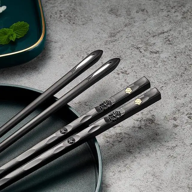 Alt view image 4 of 7 - 5 Pairs Food Grade PET+Glass Fiber Alloy Polymer Laser Engraving Japanese Metal Chopsticks, Squared Edge Non-Slip Chop Sticks Pack Reusable Gift with Case