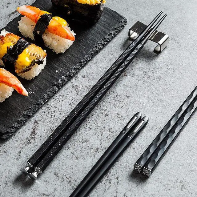 Alt view image 5 of 7 - 5 Pairs Food Grade PET+Glass Fiber Alloy Polymer Laser Engraving Japanese Metal Chopsticks, Squared Edge Non-Slip Chop Sticks Pack Reusable Gift with Case