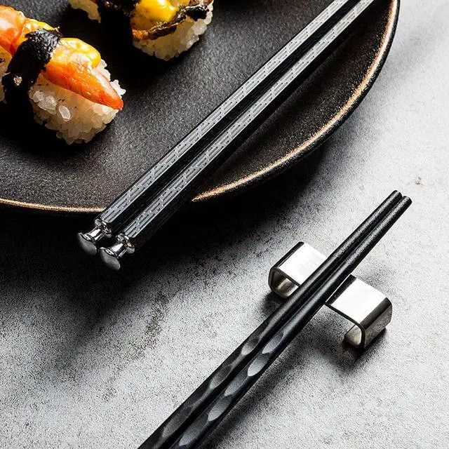 Alt view image 6 of 7 - 5 Pairs Food Grade PET+Glass Fiber Alloy Polymer Laser Engraving Japanese Metal Chopsticks, Squared Edge Non-Slip Chop Sticks Pack Reusable Gift with Case