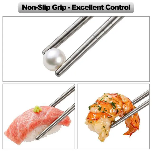 Alt view image 3 of 7 - 5 Pairs Pure Titanium Chopsticks, Ultralight Titanium Metal Chopsticks Dishwasher Safe Non-Slip Reusable Chopstick for Home Camping Travel, Silver Chop Sticks Gift Set