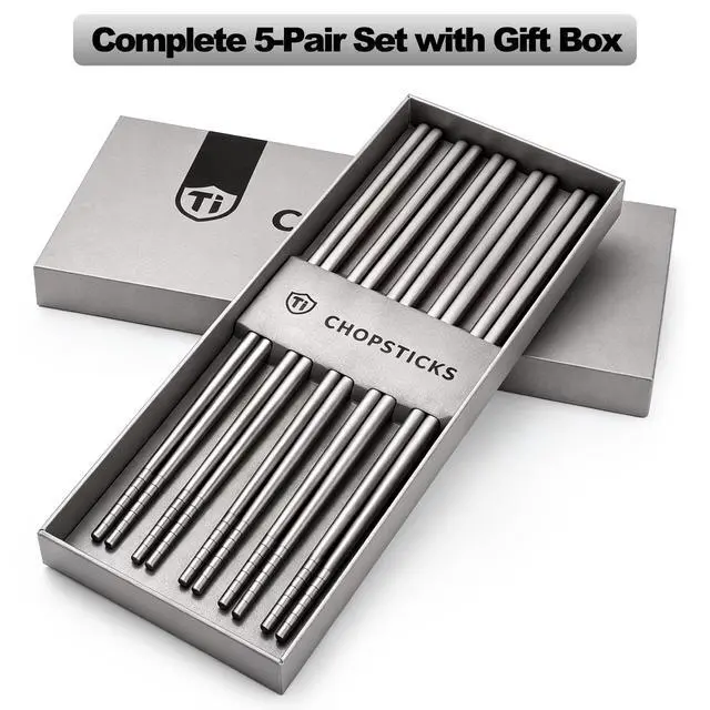 Alt view image 5 of 7 - 5 Pairs Pure Titanium Chopsticks, Ultralight Titanium Metal Chopsticks Dishwasher Safe Non-Slip Reusable Chopstick for Home Camping Travel, Silver Chop Sticks Gift Set