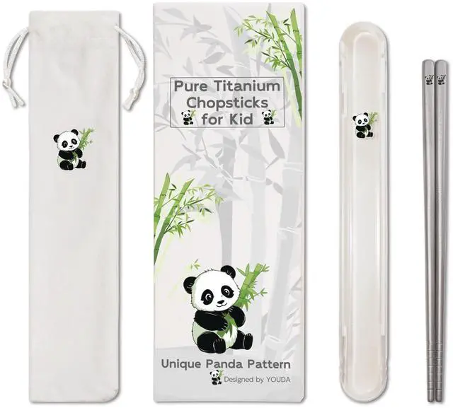 Main image of 1 Pair Titanium Chopsticks-Unbreakable Camping & Travel Utensils, Panda Laser Engraved Lightweight Chopsticks Gift Set with Carry Case, Drawstring Bag/Dishwasher Safe(99.8% Pure Titanium)