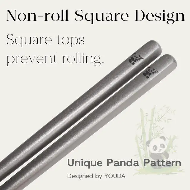 Alt view image 2 of 7 - 1 Pair Titanium Chopsticks-Unbreakable Camping & Travel Utensils, Panda Laser Engraved Lightweight Chopsticks Gift Set with Carry Case, Drawstring Bag/Dishwasher Safe(99.8% Pure Titanium)