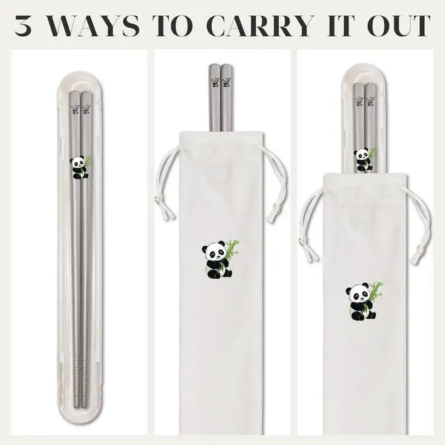 Alt view image 5 of 7 - 1 Pair Titanium Chopsticks-Unbreakable Camping & Travel Utensils, Panda Laser Engraved Lightweight Chopsticks Gift Set with Carry Case, Drawstring Bag/Dishwasher Safe(99.8% Pure Titanium)