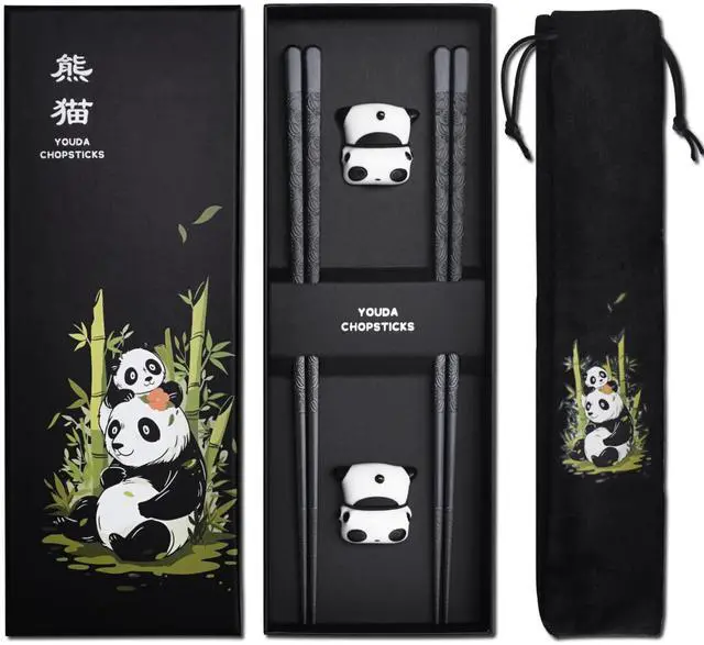 Main image of Metal Chopsticks Reusable Fiberglass Chop sticks with Holder Chinese Japanese Gift Set Chopsticks Set Dishwasher Safe Alloy Chop sticks + Ceramic Cute Panda Chopstick Rest (2 Pairs - Panda)