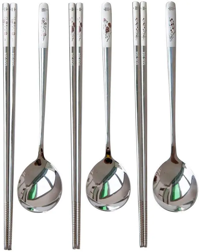 Main image of Reusable Chopstick and Spoon Set, Korean Long Handle Stainless Steel Spoon and Chopsticks Set, Dishwasher Safe Metal Chop sticks, Set of 3. (Multi-patterned)