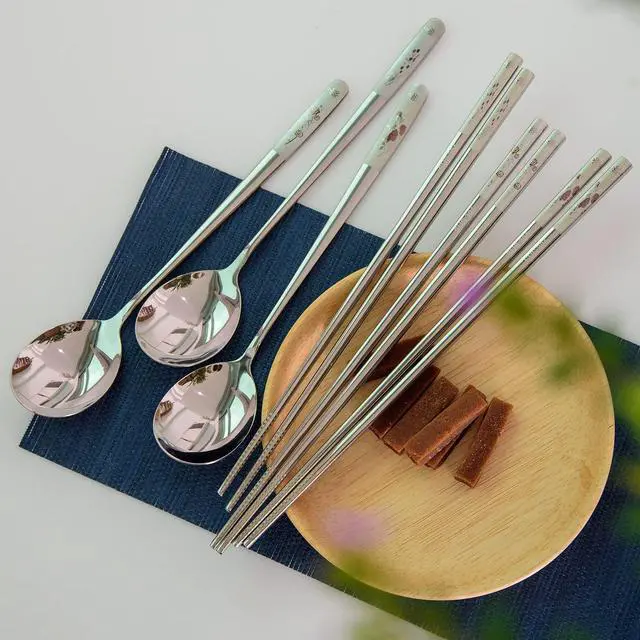Alt view image 4 of 7 - Reusable Chopstick and Spoon Set, Korean Long Handle Stainless Steel Spoon and Chopsticks Set, Dishwasher Safe Metal Chop sticks, Set of 3. (Multi-patterned)