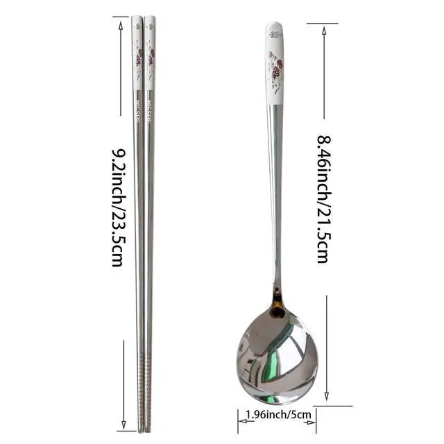 Alt view image 7 of 7 - Reusable Chopstick and Spoon Set, Korean Long Handle Stainless Steel Spoon and Chopsticks Set, Dishwasher Safe Metal Chop sticks, Set of 3. (Multi-patterned)