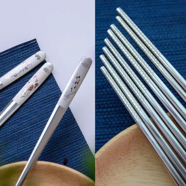 Alt view image 5 of 7 - Reusable Chopstick and Spoon Set, Korean Long Handle Stainless Steel Spoon and Chopsticks Set, Dishwasher Safe Metal Chop sticks, Set of 3. (Multi-patterned)