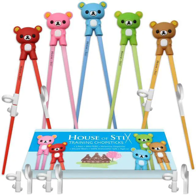 Main image of Kids Training Chopsticks for Toddlers, Kids and Adults with 5 Pairs of Removable Finger Helpers, Animal Design, BPA-Free, Dishwasher-Safe (Bears 5-Pack)