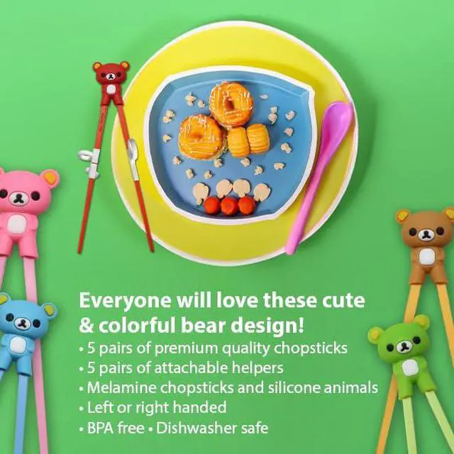 Alt view image 5 of 7 - Kids Training Chopsticks for Toddlers, Kids and Adults with 5 Pairs of Removable Finger Helpers, Animal Design, BPA-Free, Dishwasher-Safe (Bears 5-Pack)