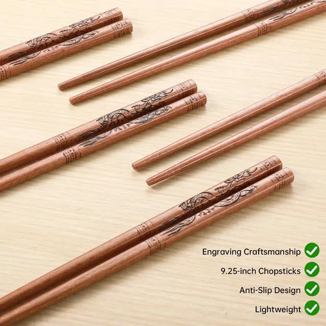Alt view image 2 of 7 - 5 Pairs Natural Wooden Chopsticks Reusable Classic Chinese Style Chopsticks Gift Sets, Dishwasher Safe (A-Dragon)