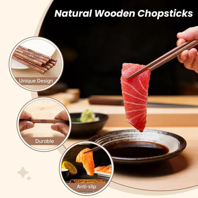 Alt view image 3 of 7 - 5 Pairs Natural Wooden Chopsticks Reusable Classic Chinese Style Chopsticks Gift Sets, Dishwasher Safe (A-Dragon)
