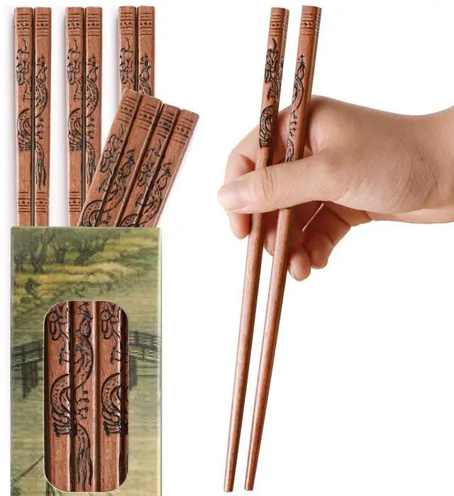 Main image of 5 Pairs Natural Wooden Chopsticks Reusable Classic Chinese Style Chopsticks Gift Sets, Dishwasher Safe (A-Dragon)