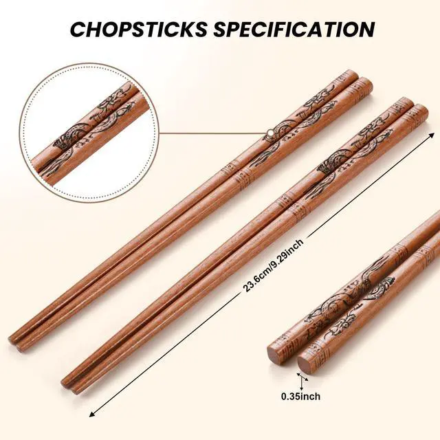 Alt view image 4 of 7 - 5 Pairs Natural Wooden Chopsticks Reusable Classic Chinese Style Chopsticks Gift Sets, Dishwasher Safe (A-Dragon)