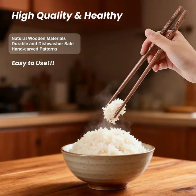 Alt view image 5 of 7 - 5 Pairs Natural Wooden Chopsticks Reusable Classic Chinese Style Chopsticks Gift Sets, Dishwasher Safe (A-Dragon)
