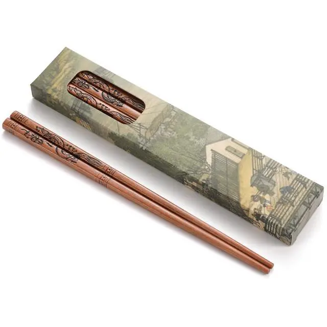 Alt view image 7 of 7 - 5 Pairs Natural Wooden Chopsticks Reusable Classic Chinese Style Chopsticks Gift Sets, Dishwasher Safe (A-Dragon)