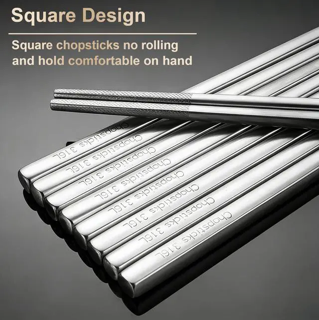 Alt view image 4 of 7 - 5 Pairs Metal Chopsticks Reusable 316 Stainless Steel Chopsticks Cute Laser Engraved Non-slip Japanese Korean Chinese Chopstick for Cooking Eating Dishwasher Safe 9.5" Chop Sticks Gift Set