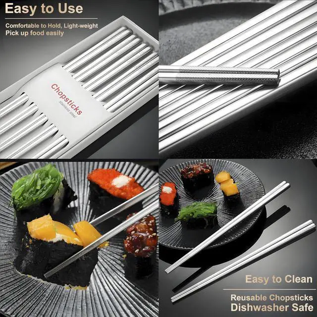 Alt view image 2 of 7 - 5 Pairs Metal Chopsticks Reusable 316 Stainless Steel Chopsticks Cute Laser Engraved Non-slip Japanese Korean Chinese Chopstick for Cooking Eating Dishwasher Safe 9.5" Chop Sticks Gift Set
