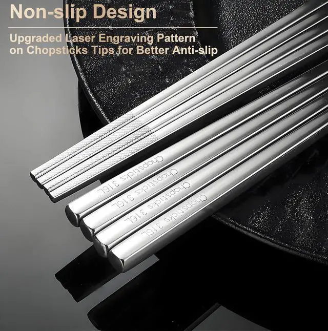 Alt view image 5 of 7 - 5 Pairs Metal Chopsticks Reusable 316 Stainless Steel Chopsticks Cute Laser Engraved Non-slip Japanese Korean Chinese Chopstick for Cooking Eating Dishwasher Safe 9.5" Chop Sticks Gift Set