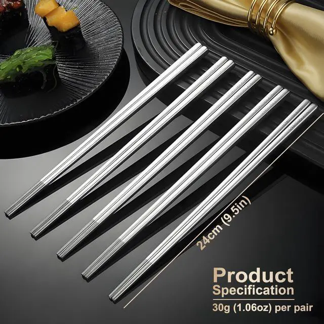 Alt view image 3 of 7 - 5 Pairs Metal Chopsticks Reusable 316 Stainless Steel Chopsticks Cute Laser Engraved Non-slip Japanese Korean Chinese Chopstick for Cooking Eating Dishwasher Safe 9.5" Chop Sticks Gift Set