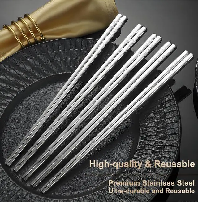 Alt view image 7 of 7 - 5 Pairs Metal Chopsticks Reusable 316 Stainless Steel Chopsticks Cute Laser Engraved Non-slip Japanese Korean Chinese Chopstick for Cooking Eating Dishwasher Safe 9.5" Chop Sticks Gift Set