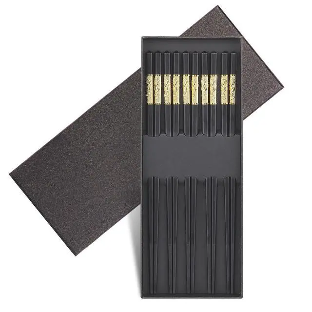 Alt view image 2 of 7 - Metal Chopsticks Reusable Chinese Japanese Style Dragon Chopsticks Chinese Gift Set Fiberglass Chops ticks Set Dishwasher-Safe (5 Pairs)