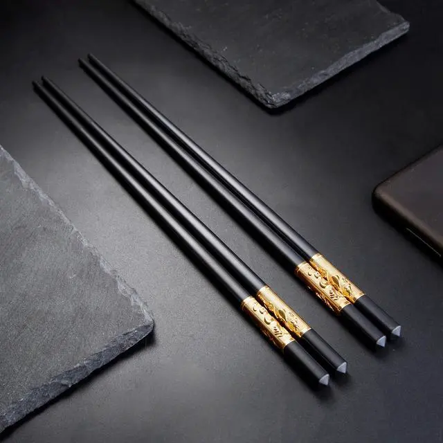 Alt view image 3 of 7 - Metal Chopsticks Reusable Chinese Japanese Style Dragon Chopsticks Chinese Gift Set Fiberglass Chops ticks Set Dishwasher-Safe (5 Pairs)