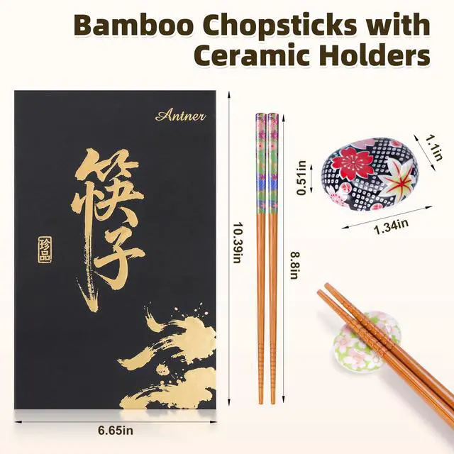 Alt view image 2 of 7 - 5 Pairs Reusable Bamboo Chopsticks and Ceramic Chopstick Rest Gift Set - Classic Japanese Style Chop Sticks and 5 Holders, Non-Slip Tips for Sushi, Ramen, Asian Cuisine, 8.8 Inch/22.5cm