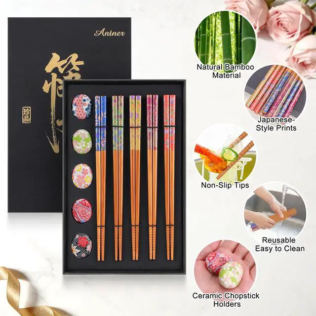 Alt view image 3 of 7 - 5 Pairs Reusable Bamboo Chopsticks and Ceramic Chopstick Rest Gift Set - Classic Japanese Style Chop Sticks and 5 Holders, Non-Slip Tips for Sushi, Ramen, Asian Cuisine, 8.8 Inch/22.5cm