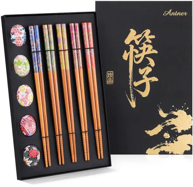 Main image of 5 Pairs Reusable Bamboo Chopsticks and Ceramic Chopstick Rest Gift Set - Classic Japanese Style Chop Sticks and 5 Holders, Non-Slip Tips for Sushi, Ramen, Asian Cuisine, 8.8 Inch/22.5cm
