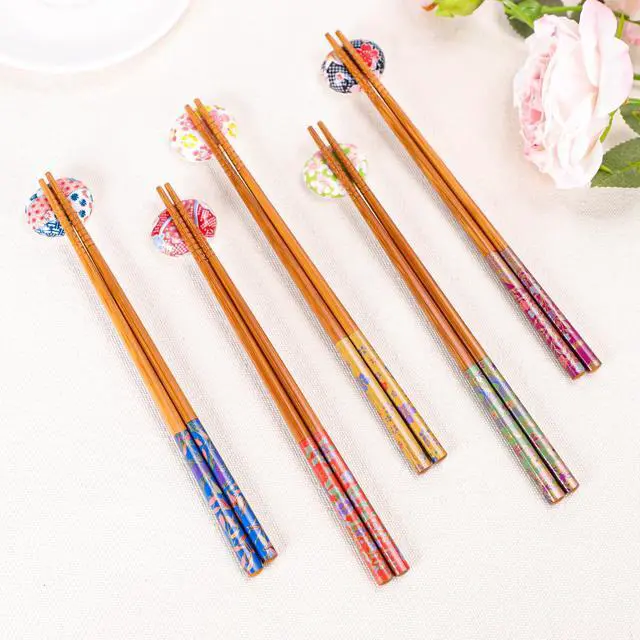 Alt view image 4 of 7 - 5 Pairs Reusable Bamboo Chopsticks and Ceramic Chopstick Rest Gift Set - Classic Japanese Style Chop Sticks and 5 Holders, Non-Slip Tips for Sushi, Ramen, Asian Cuisine, 8.8 Inch/22.5cm