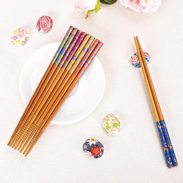 Alt view image 6 of 7 - 5 Pairs Reusable Bamboo Chopsticks and Ceramic Chopstick Rest Gift Set - Classic Japanese Style Chop Sticks and 5 Holders, Non-Slip Tips for Sushi, Ramen, Asian Cuisine, 8.8 Inch/22.5cm