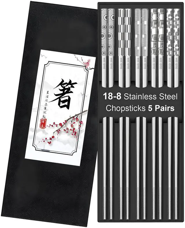Main image of 5 Pairs Metal Chopsticks Reusable 18/8 Stainless Steel Chopsticks Cute Laser Engraved Non-slip Japanese Korean Chinese Chopstick for Cooking Eating Dishwasher Safe 9.25" Chop Sticks Gift Set