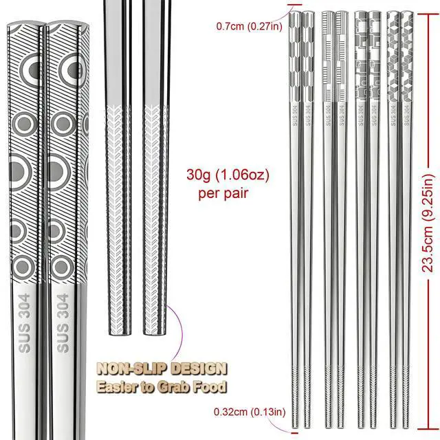 Alt view image 2 of 7 - 5 Pairs Metal Chopsticks Reusable 18/8 Stainless Steel Chopsticks Cute Laser Engraved Non-slip Japanese Korean Chinese Chopstick for Cooking Eating Dishwasher Safe 9.25" Chop Sticks Gift Set