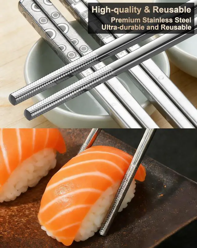 Alt view image 6 of 7 - 5 Pairs Metal Chopsticks Reusable 18/8 Stainless Steel Chopsticks Cute Laser Engraved Non-slip Japanese Korean Chinese Chopstick for Cooking Eating Dishwasher Safe 9.25" Chop Sticks Gift Set