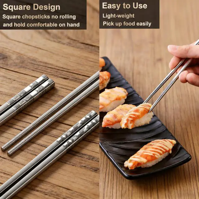 Alt view image 7 of 7 - 5 Pairs Metal Chopsticks Reusable 18/8 Stainless Steel Chopsticks Cute Laser Engraved Non-slip Japanese Korean Chinese Chopstick for Cooking Eating Dishwasher Safe 9.25" Chop Sticks Gift Set