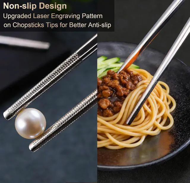 Alt view image 5 of 7 - 5 Pairs Metal Chopsticks Reusable 18/8 Stainless Steel Chopsticks Cute Laser Engraved Non-slip Japanese Korean Chinese Chopstick for Cooking Eating Dishwasher Safe 9.25" Chop Sticks Gift Set