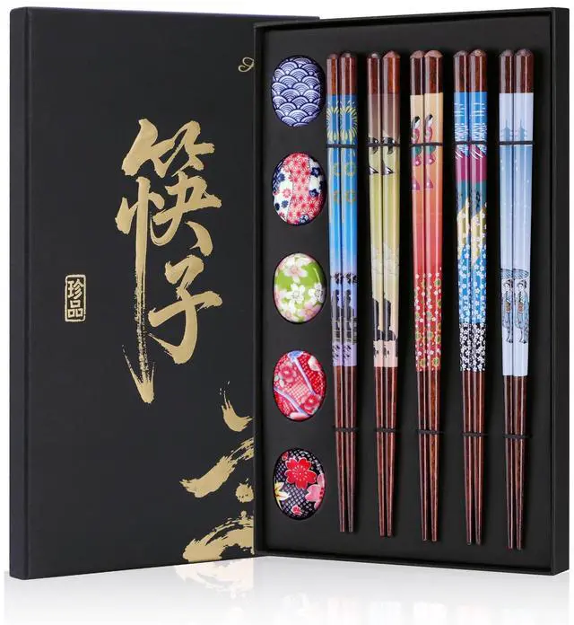 Main image of 5 Pairs Reusable Wooden Chopsticks & Ceramic Rests Set, 8.8 Inch/22.5cm Classic Japanese Style Chop Sticks with Chopstick Holders for Ramen Sushi Asian Cuisine Lovers, Black Gift Box