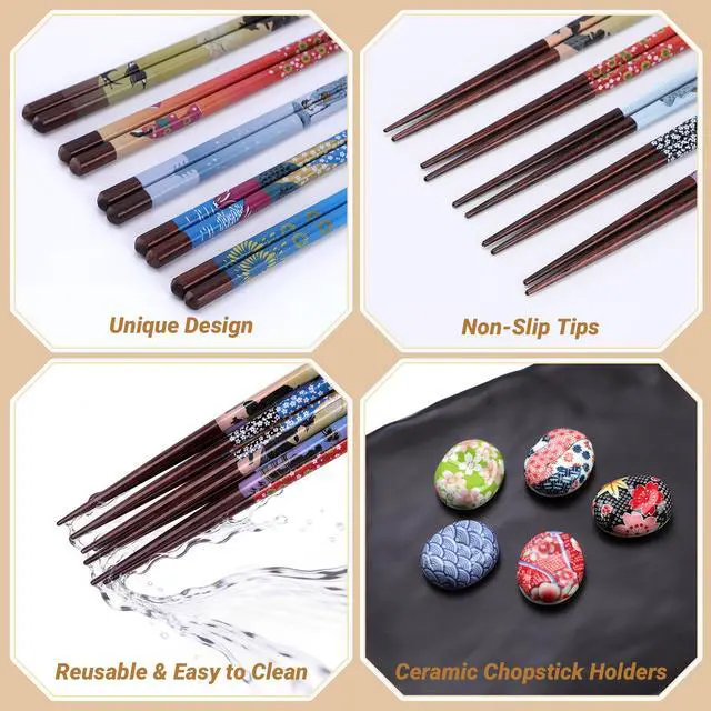Alt view image 3 of 7 - 5 Pairs Reusable Wooden Chopsticks & Ceramic Rests Set, 8.8 Inch/22.5cm Classic Japanese Style Chop Sticks with Chopstick Holders for Ramen Sushi Asian Cuisine Lovers, Black Gift Box
