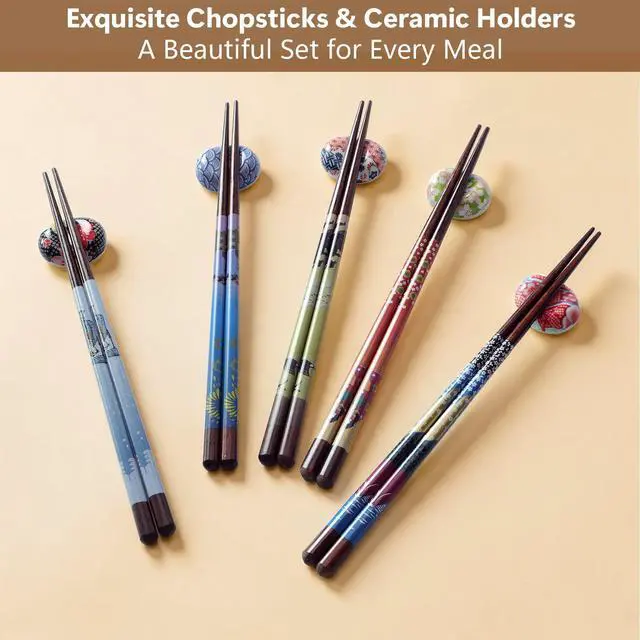 Alt view image 4 of 7 - 5 Pairs Reusable Wooden Chopsticks & Ceramic Rests Set, 8.8 Inch/22.5cm Classic Japanese Style Chop Sticks with Chopstick Holders for Ramen Sushi Asian Cuisine Lovers, Black Gift Box